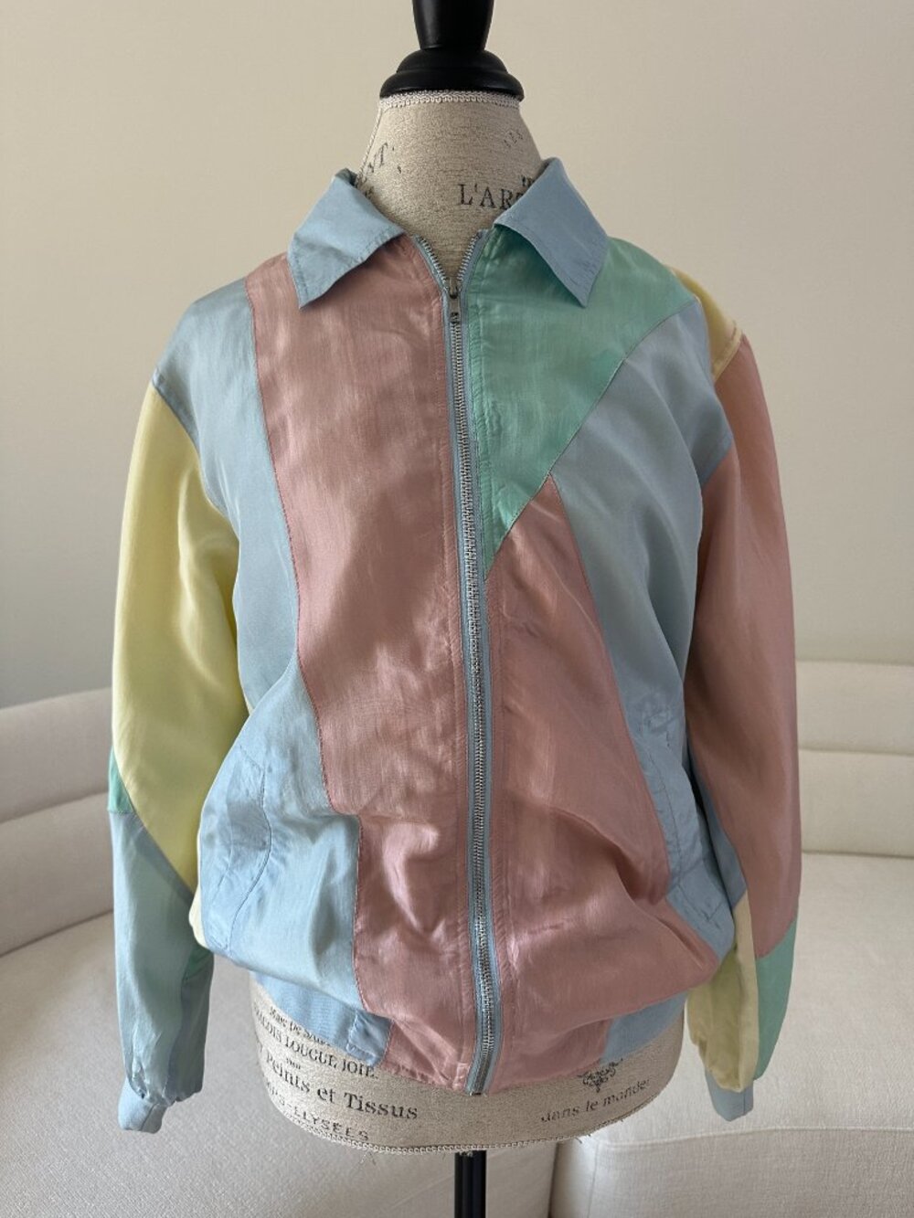 Vintage 80s Blair 100% Silk Pastel Color Block Bomber Jacket Oversized Small